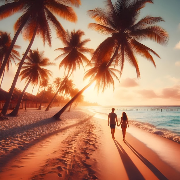 Describe a romantic evening on a beach with a couple strolling hand in hand along a sandy shore