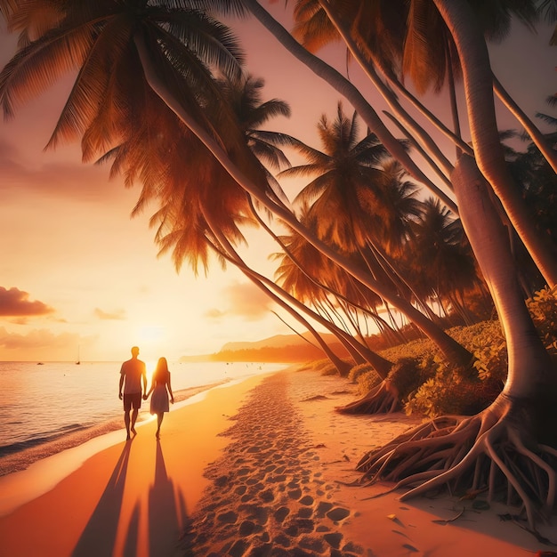 Describe a romantic evening on a beach with a couple strolling hand in hand along a sandy shore