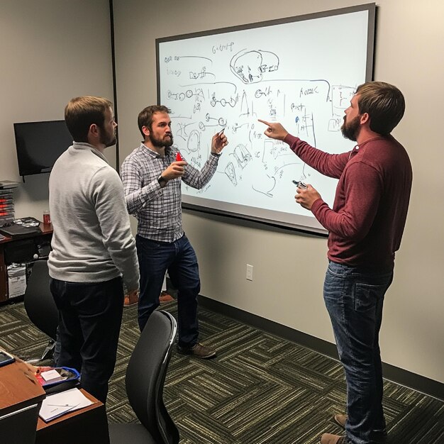 Photo describe the strategy session before a championship game where plays are mapped out on a whiteboard