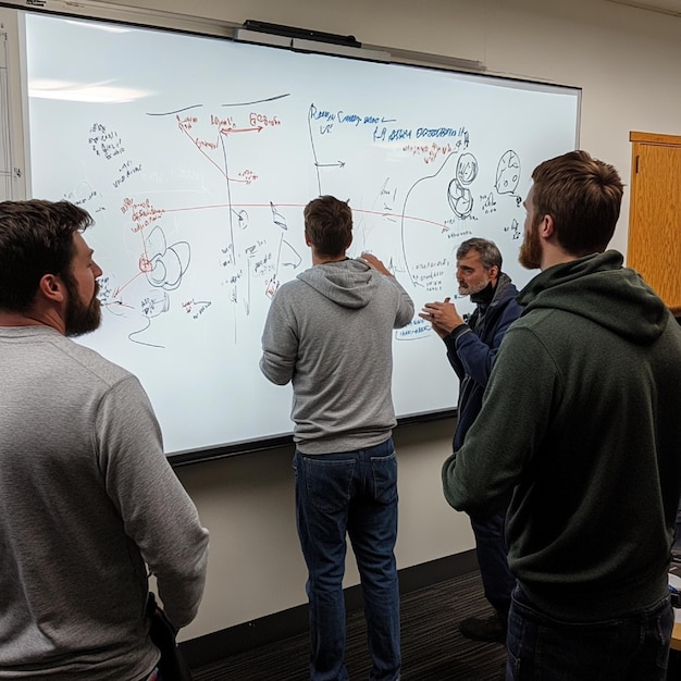 Photo describe the strategy session before a championship game where plays are mapped out on a whiteboard