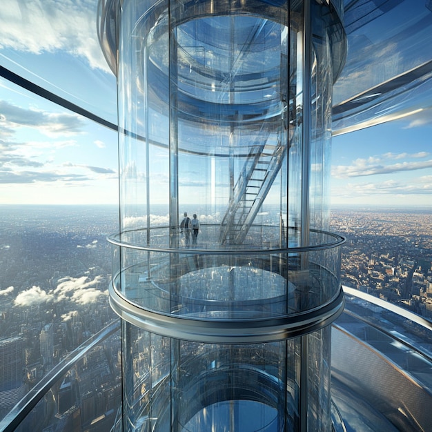 Describe a tower with a transparent floor observation deck offering vertigoinducing views