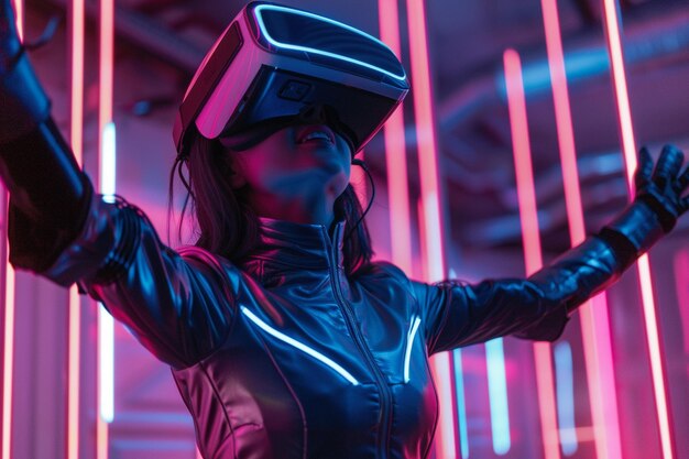 Describe the womans excitement as she dons the VR generative ai