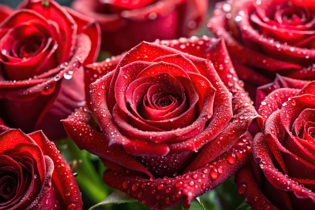 Photo description beautiful red roses with water droplets on their petals captured in a wideangle composition