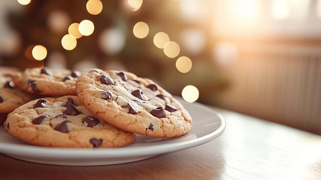 Photo description freshly baked homemade chocolate chip cookies on a plain white plate showcasing a deli