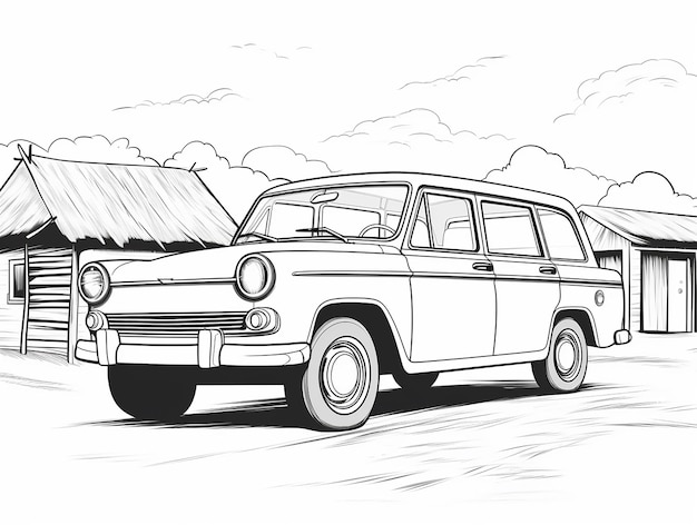 The description suggests that its a simple black and white line art of a Sudan car intended for a k