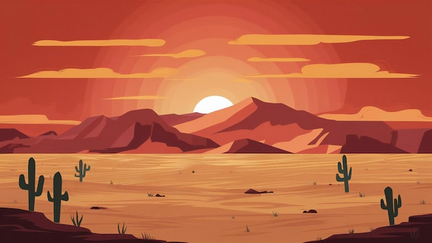 Desert background with orange sunrise coming over the mountain sunrise flat illustration