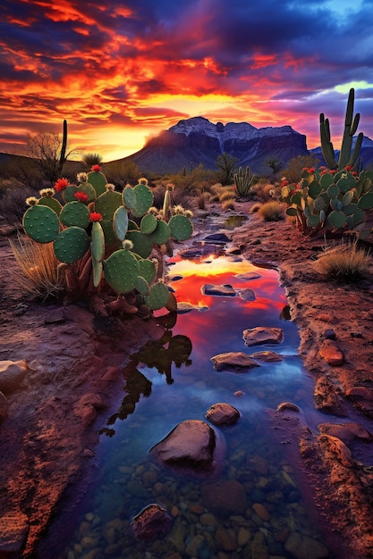 Desert cacti under a sky splashed with twilight hues