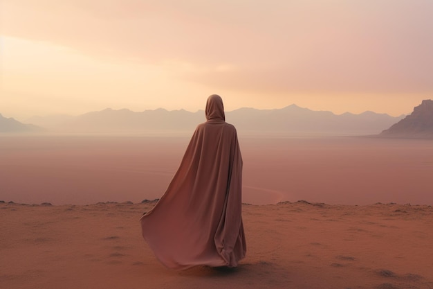 Desert Contemplation Middle Eastern Woman in Abaya Overlooking Endless Sands