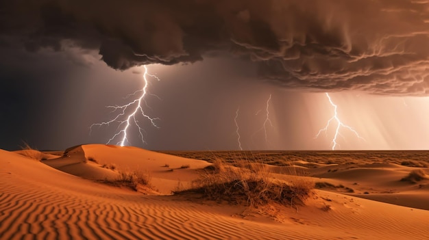 desert dunes rolling past thunderstorm with lightning