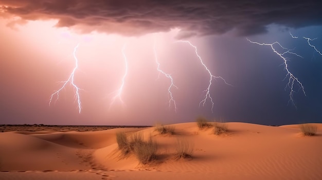 desert dunes rolling past thunderstorm with lightning