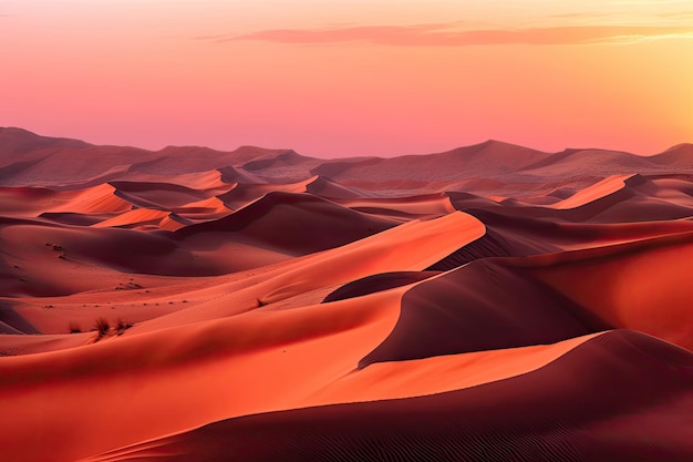 Desert dunes at sunset with fiery orange and pink hues created with generative ai