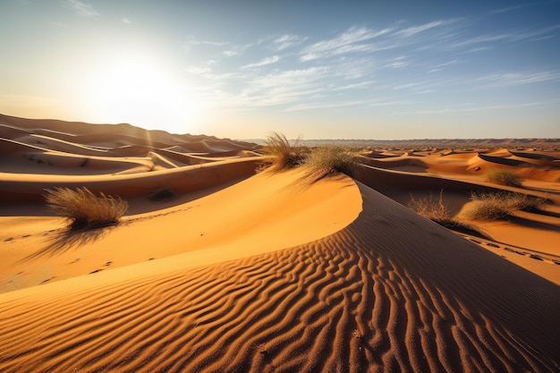 Desert dunes with the setting sun and clear blue sky in the background