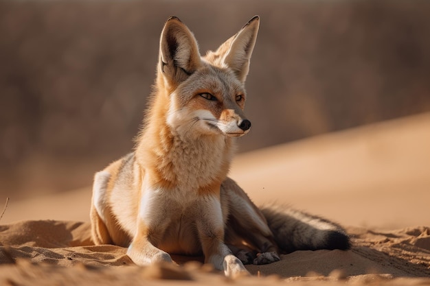 Desert fox sitting on the sand watching its surroundings