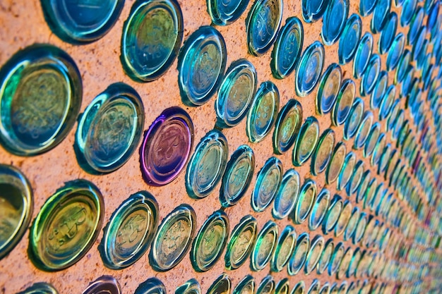 Desert ghost town of rhyolite with colorful glass bottle wall