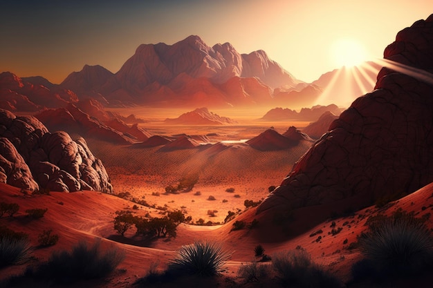 Desert hills with red rock formations and slopes in rays of dawn created with generative ai