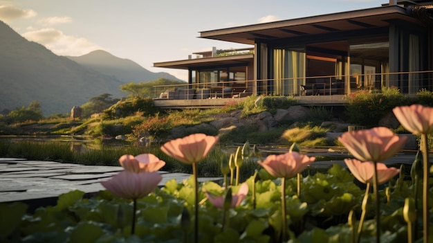 Photo desert house with lotus flowers vray tracing mountainous vistas sustainable design