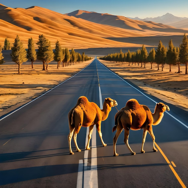 Desert Journey Caravan of Camels Under a Radiant Sunset