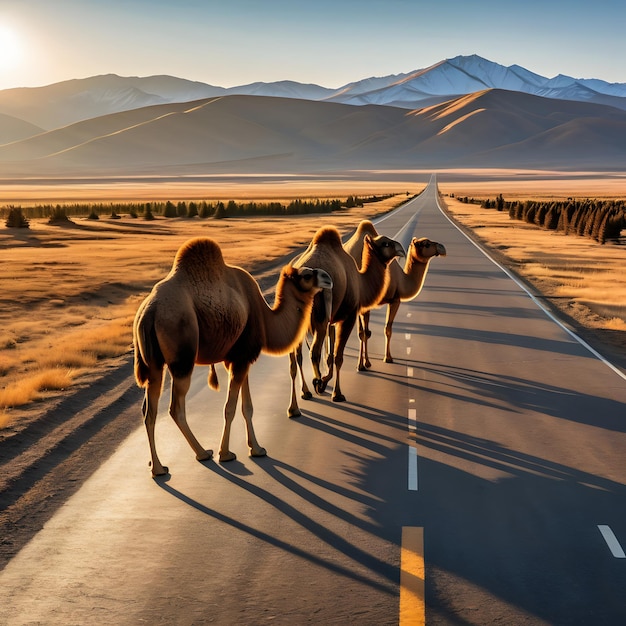 Desert Journey Caravan of Camels Under a Radiant Sunset