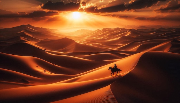 Desert Journey at Sunset A Lone Rider Amidst the Dunes