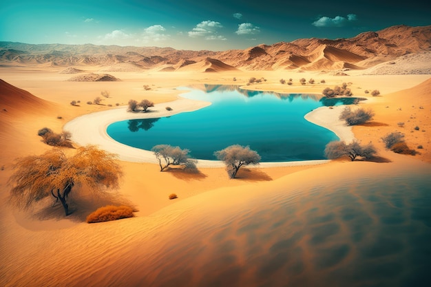 Desert landscape and arid sand with beautiful blue lake in the desert