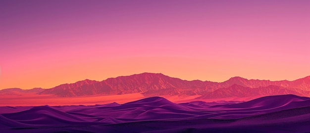 A desert landscape at dusk with the sky ablaze in a splendid gradient of oranges and purples