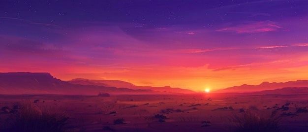 A desert landscape at dusk with the sky ablaze in a splendid