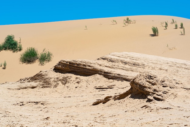 Desert landscape layered deposits in the sandy desert