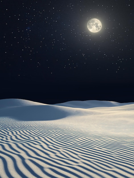 Photo desert landscape at night with bright full moon starry sky white sand dunes solitude tranquilit