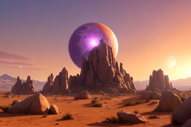 Photo desert landscape under a purple alien sky