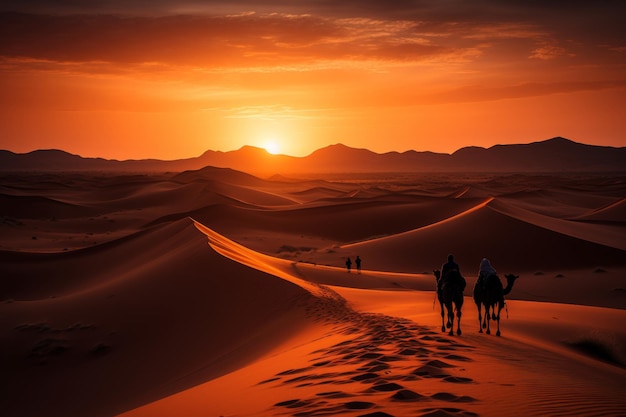 Desert landscape at sunset with camels trekking and large sun setting over horizon