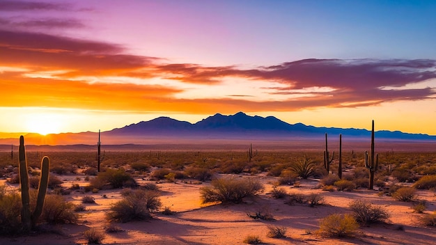 Desert Landscape at Sunset with Long Shadows and Cacti