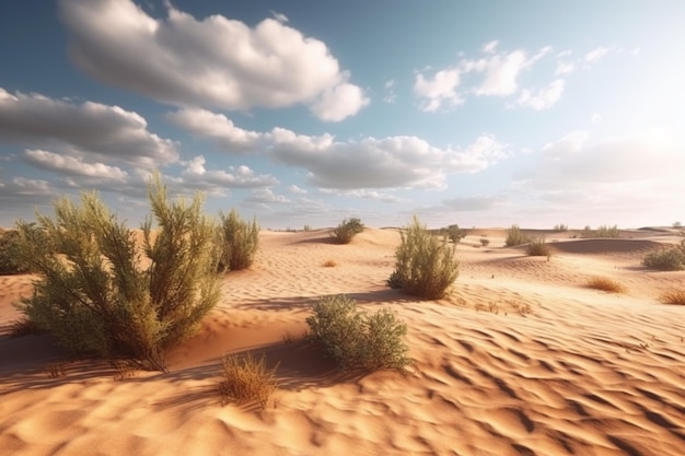 A desert landscape with a blue sky and clouds