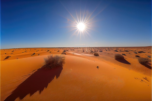 A desert landscape with a blue sky and the sun shining on the horizon