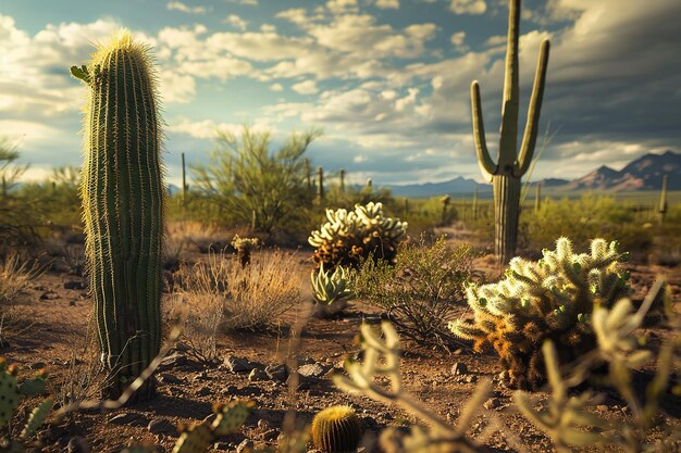 a desert landscape with cactus cactus and mountains in the background