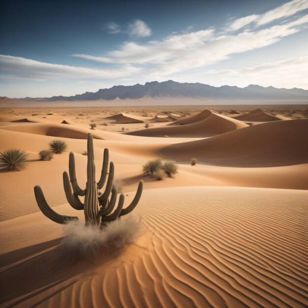 Photo a desert landscape with a cactus in the middle of it