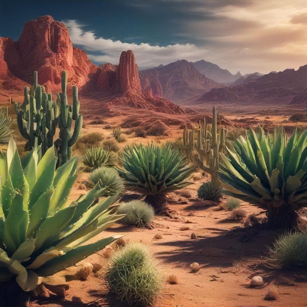 a desert landscape with cactus and mountains in the background