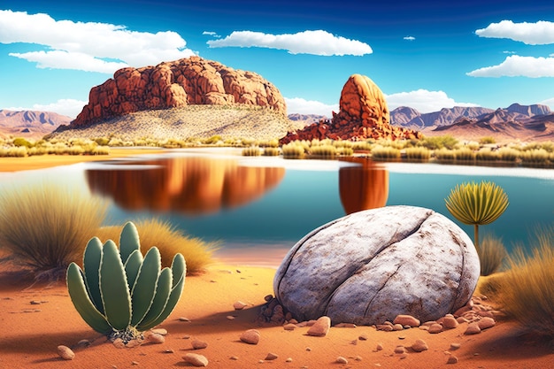 Desert landscape with cactus and sand dunes huge rock in field by lake generative ai