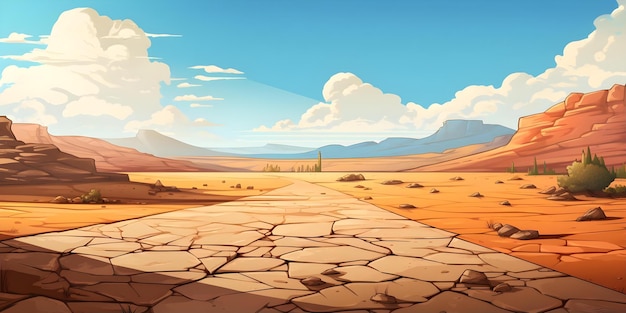 Photo desert landscape with cartoonish features rocky ground disappearing asphalt road and sun concept surreal desert cartoonish landscape rocky ground disappearing road sun illustration