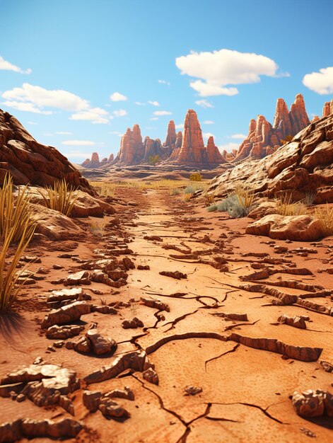 Photo a desert landscape with a desert landscape and a trail