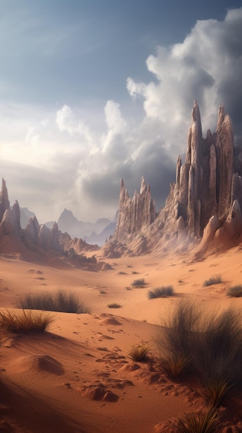 A desert landscape with a desert and mountains in the background.