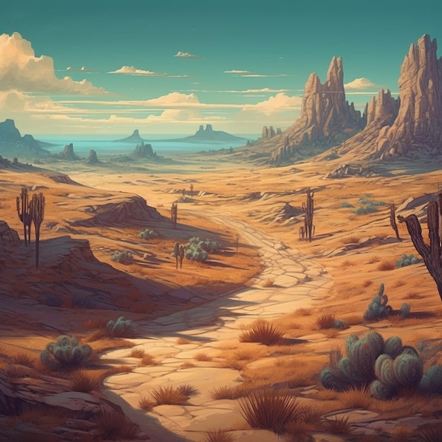 A desert landscape with a desert scene and mountains in the background.