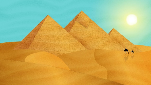 Desert landscape with egyptian pyramids and camels on sand dunes