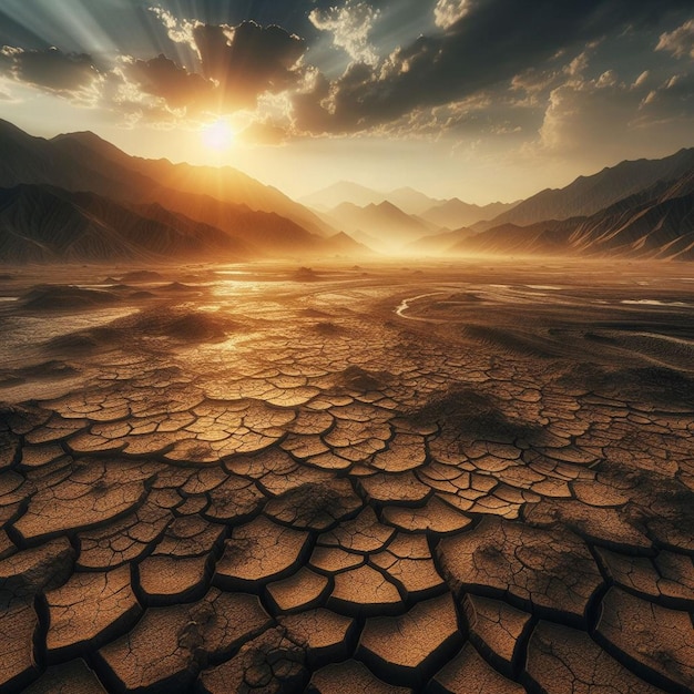 a desert landscape with a lake in the background and the sun shining through the clouds