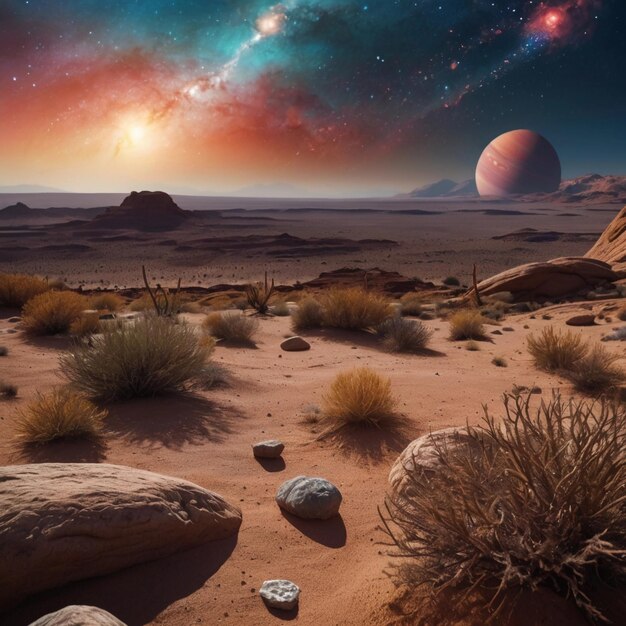 Photo a desert landscape with a large planet in the background