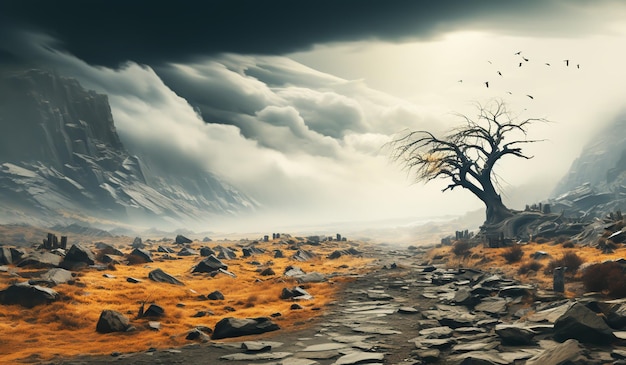 Desert landscape with a leaning tree and cloudy sky AI generated