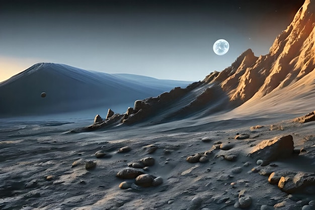 A desert landscape with a moon and mountains in the background.