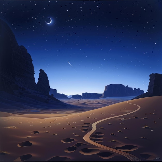 Photo a desert landscape with a moon and stars in the sky