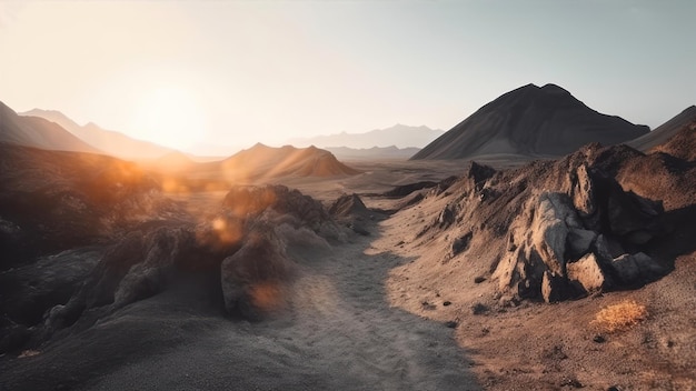 A desert landscape with mountains in the background.