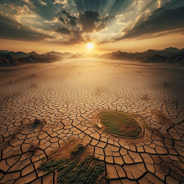 a desert landscape with mountains and a hole in the background