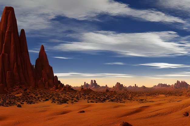 A desert landscape with mountains and a sky with clouds